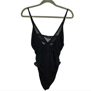 Boohoo Mesh Detail Semi Sheer Body Suit Thin Straps Cutout Back Size US 10